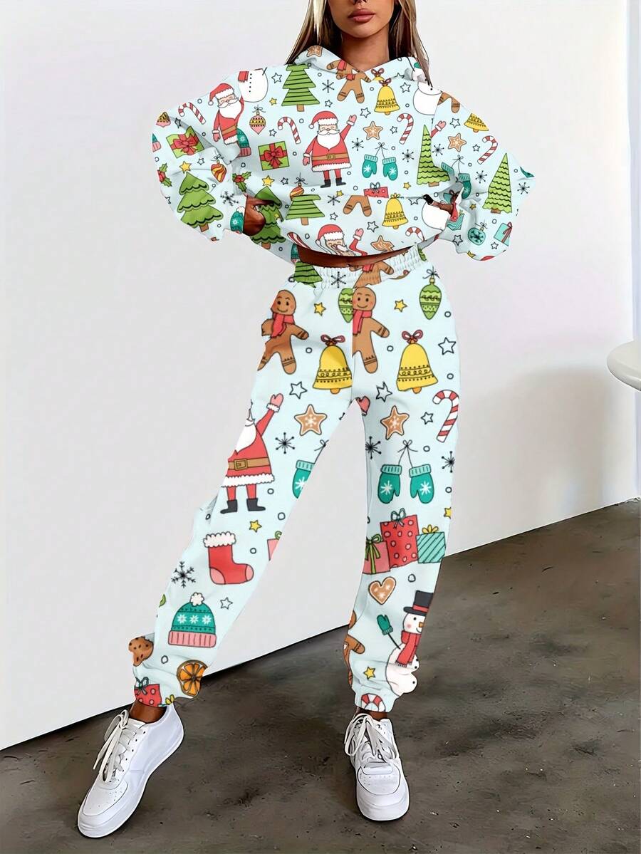 Women's Christmas Tree Print Casual Sport Hoodie And Sweatpants Set, Long Sleeve With Pockets, Machine Washable - Christmas Essential - phong cách - Xem 1