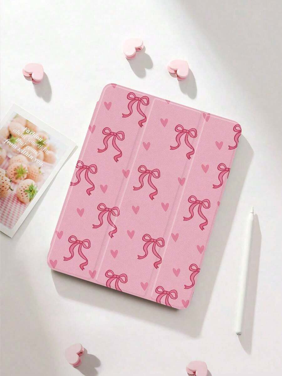 Soft Silicone With Pencil Slot Tri-Fold Stand Shockproof Anti-Drop,1pc Pink Bow & Heart Pattern Protective/Cover, Compatible With Tablet 10. 2, Pro 11 2021/2020/10th G/6, Compatible With (A16) 11 11th G 2025, 5th G 2022, With Pcil Slot, Anti-Drop, Support Auto Sleep/Wake. Accessories. & New Year Themed,Retro Chic Style High-End Tablet Accessory Office Productivity, Study Sessions, Design, Travel Commute, Casual Browsing & Giving Fashion Forward Enthusiasts - 白色 - 查看 1