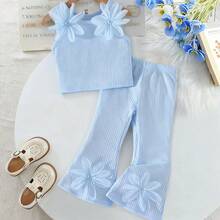 2pcs/Set Toddler Girls' Solid Color Textured Sleeveless Top And Flare Pants Set, Fashionable Casual Outfit With 3D Floral Decor, Cute For Young GirlSummer - Baby Blue - View 8