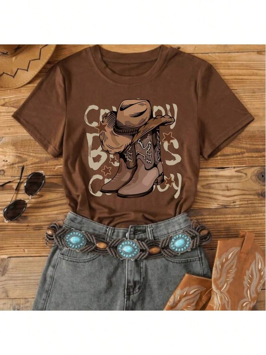 Women's T-Shirt With Cowboy Boots Graphic Design - New Release - Rỉ Nâu - Xem 1