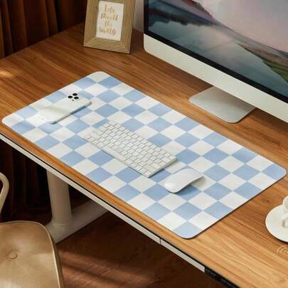 Ohocut Checkered Desk Mat, Large Cute Sky Blue Aesthetic Retro Accessories, PU Leather Computer Laptop Desk Mat Mouse Keyboard Pad, Desk Writing Makeup Mat For Vanity/Work/Home Decor