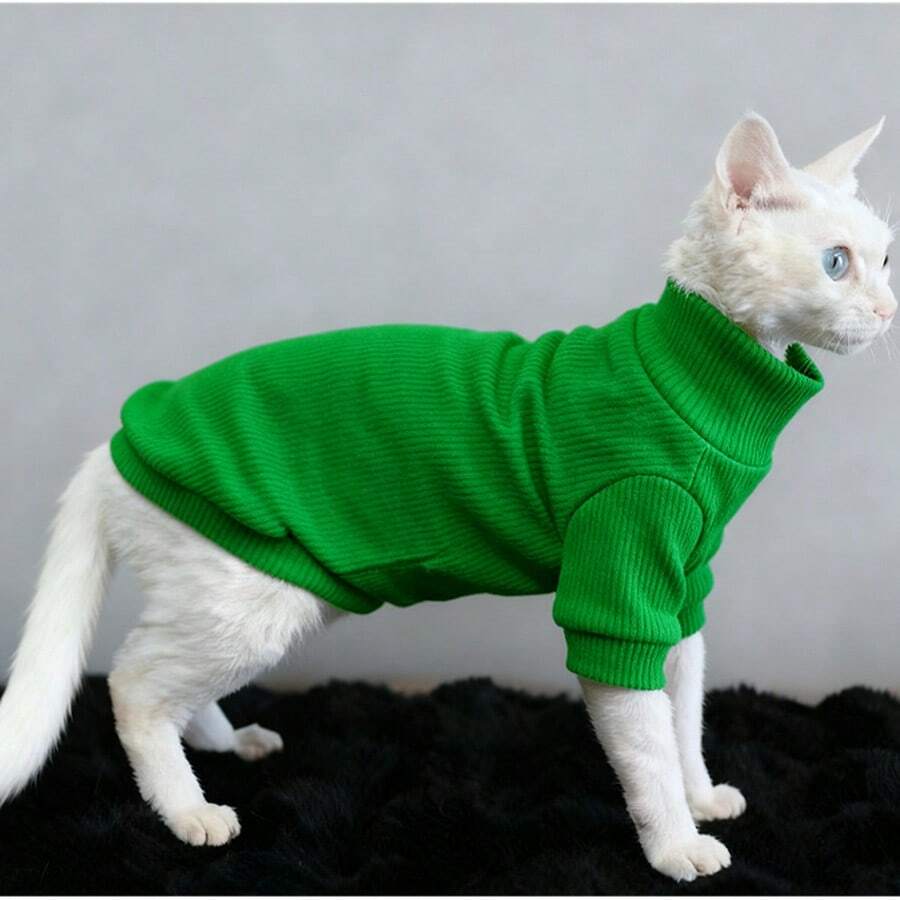 Capa base de otoño/invierno para mascotas (gatos/perros) de alta elasticidad, amigable con la piel, transpirable y cálida, adecuada para gatos sin pelo como el Sphynx y el Maltés, ropa de casa lavable a máquina - Verde - Ver 1
