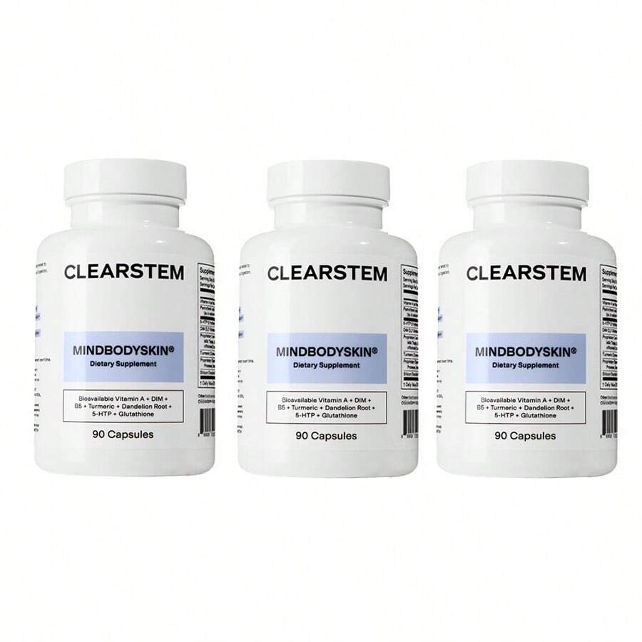 CLEARSTEM - MINDBODYSKIN Hormonal Acne Supplement (5-HTP) - Natural DIM Supplement - Skin Care Vitamins - Hormone Balance, Antioxidants - Gluten Free, Cruelty Free - 30 Servings, 90 Capsules - 3 CÁI - Xem 1