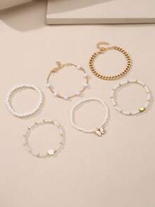 6件套女孩珍珠串珠心形蝴蝶手链，日常佩戴装饰 - 彩色 - 查看 7