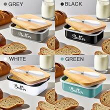 Iron Butter Tray With Bamboo Cover And Knife Airtight Cheese Storage Box Kitchen Storage Items Butter Storage Container - Grey - View 5