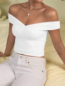 Mystra Women's Fashion V-Neck Off Shoulder Pleated Fitted Blouse - White - View 2