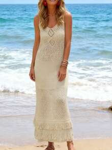 女士春夏热销无袖吊带流苏毛衣连衣裙