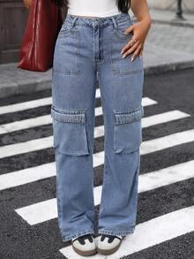 大码经典无弹力纯色牛仔裤 - 性感女士直筒牛仔裤，多口袋设计，女士休闲春季款 - 深色水洗藍 - 查看 7