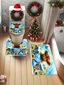 高地牛图案1/3/4件套浴帘套装，时尚浴室装饰，防水浴帘套装（含12个挂钩），防滑浴室地垫，U型马桶垫，马桶座套，理想的圣诞礼物 - 彩色 - 查看 9