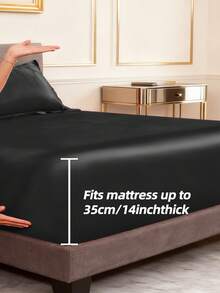 3 Pices Satin Fitted Sheet Set (1 * Fitted Sheet+2 * Pillowcase) – Smooth, Breathable, And Wrinkle-Resistant, Machine Washable For Easy Care, Comfort Bedding Suitable For Adults, Hotels, Apartments, & Home Use - Black - View 4