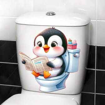 1 pieza Pegatina de pingüino lindo leyendo el periódico para el inodoro, decoración creativa de baño, calcomanía impermeable para el inodoro, autoadhesiva, patrón hermoso, calcomanías divertidas para la tapa del inodoro, fácil de aplicar y quitar, pegatinas decorativas para el baño y el dormitorio