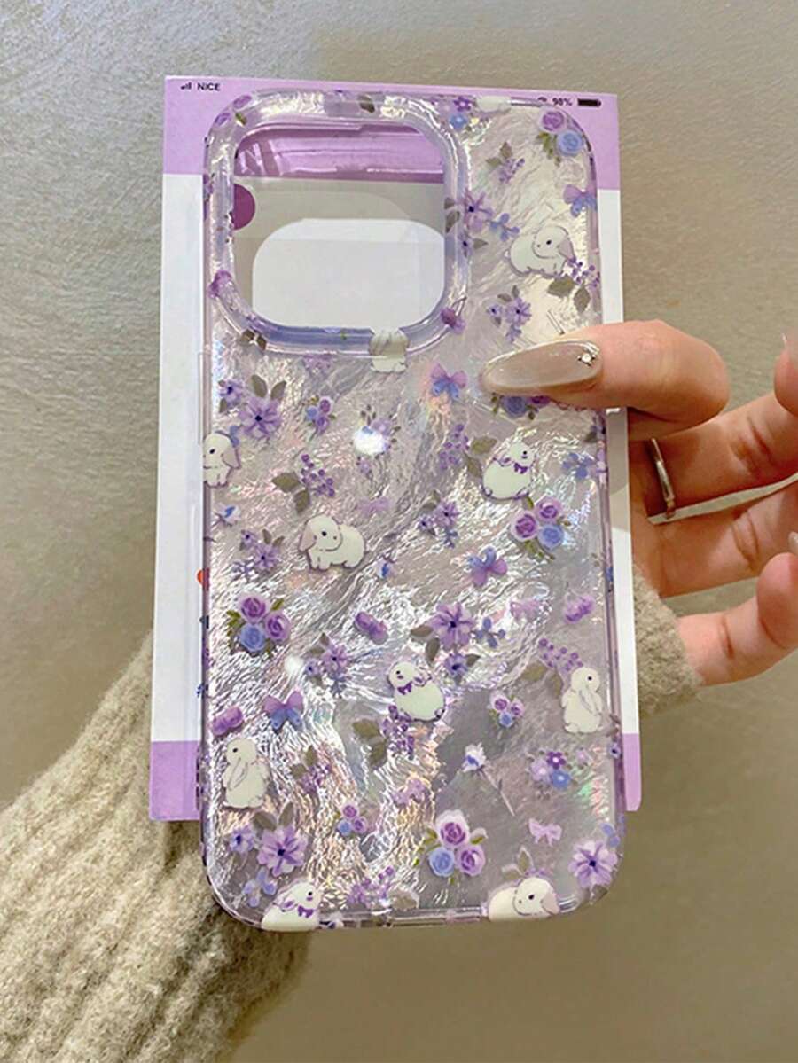 花朵碎花兔子设计手机壳适用于 16 Pro Max、 14、 15、 15 Pro、带弹簧的 16、锡纸纹理、硅胶、创意防震外壳、防水防摔防刮 - 紫色 - 查看 1