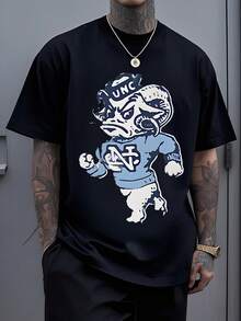 A Cartoonish Ram Mascot Displaying The Letters UNC Representing The University Of North Carolina At Chapel Hill Short Sleeve T Shirt In Blue And White 100% Cotton Casual Activewear Fashion Clothing - màu đen - Xem 1