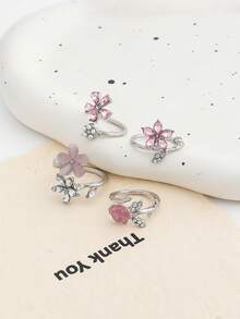 4pcs/Set Cincin Bunga Mawar Enamel Merah Muda Romantis, Mutiara Imitasi & Berlian Imitasi, Set Cincin Bunga 5 Kelopak untuk Wanita - Perak - View 4