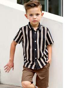 Set de 2 piezas Conjunto de ropa de verano de moda para niños, camisa a rayas y pantalones cortos casuales, conjunto de ropa para niños pequeños, perfecto para sesión de fotos - Marrón - Ver 5