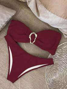 Women's Fashionable Sexy Strapless Metal Decor Black Bikini Set, Suitable For Parties, Beach Vacations, Perfect Swimwear Two Pieces Set For Spring/Summer, Suitable For Spring Outings, Wedding Parties, Holidays, Outdoor Activities, Summer Parties, Beach Vacations, Travels, Elegant Style - Red - View 2