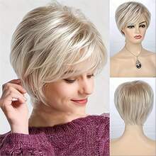 Peruca elegante, cabelo curto de elfa, penteado de estudante com gradiente dourado, bobo tingido no topo da cabeça, capa de peruca de fibra sintética com dobradiça para dentro, densidade de 150%, fibra sintética, adequada para mulheres brancas, perucas femininas