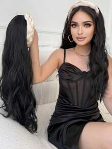 24英寸黑色长卷发假发，可拆卸头带，女士合成纤维半头假发，自然半头假发，适合女孩日常、音乐节派对、街头穿着