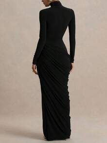 Black Knit Fabric Sexy Ruched High Neck Long Sleeve Bodycon Maxi Dress, Ideal For Evening Gowns And Special Occasions - Black - View 4