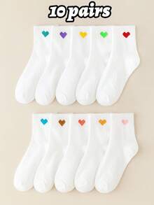 10/5 Paar herzförmige weiße Mädchen Socken, geeignet für alle Jahreszeiten, Herbstsocken, modisch und vielseitig, Studentensocken, geeignet für tägliche Fahrten und Sport, atmungsaktiv