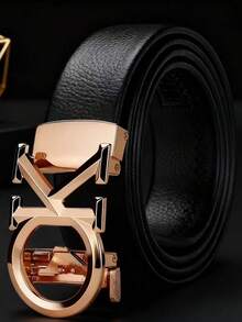Men's Leather Belt With Alloy Automatic Buckle, Litchi Grain, Student Letter Buckle Waistband