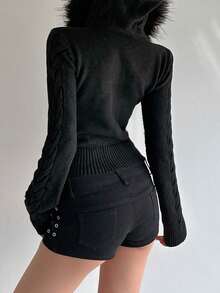 Retro American Fuzzy Lined Hooded Cardigan - Zipper Front Cropped Slim Fit Sweater Jacket With Waist Cinch - 黑色 - 查看 4