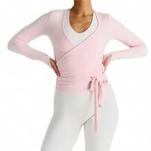 Women Ballet Wrap Top Long Sleeve Deep V Neck Cross Tie Workout Pilates Yoga Shirts Wrap Tie Crop Tops Sportswear Y2k Streetwear Slim Fitted Coquette Blouses - 粉色 - 查看 8