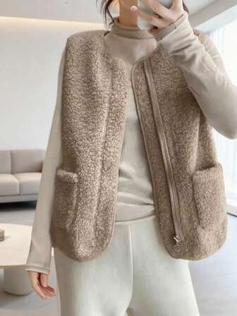 Autumn/Winter Faux Shearling Vest, Retro Style Sleeveless Jacket For Women, Fur Lined Suede Waistcoat