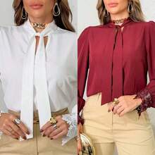 Elegant Women's Formal Blouse, V-Neck With Bow, Embroidered Lace Blouse, Cuffed Sleeve Blouse, Women's Lace Tops - 白色與酒紅色2件 - 查看 2