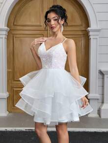 YUMIBRAVO 芭蕾舞风格新娘婚纱 圣诞派对礼服 优雅珠光亮片连衣裙 女士不对称下摆派对礼服 女士婚纱 新娘舞会礼服 毕业礼服 舞会礼服 女士正式礼服 女士生日礼服 - 白色 - 查看 5