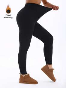 Women's Thermal Lined Black Leggings, European And American Fashion Casual Minimalist Line Pattern All-Over Print, Elegant Stretchy Skinny Pants For Home, Workout, Yoga, Gym, Running, Outdoor Walking, Party, Gift - Simple Black - View 3