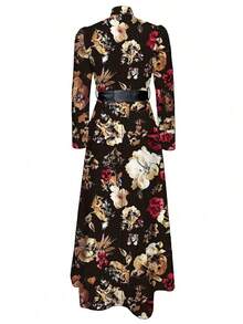 Women's Black Base Multi-Color Floral Print Satin Long Sleeve A-Line V-Neck Dress - 紅色 - 查看 2