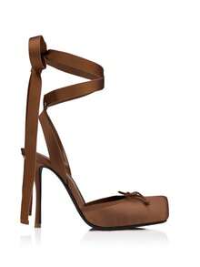 Spring New Elegant And Fashionable Ladies High-Heeled Square Toe Ankle Strap Satin Bow Ballet Toe Cap Black Bottom Sandals - 咖啡棕 - 查看 9