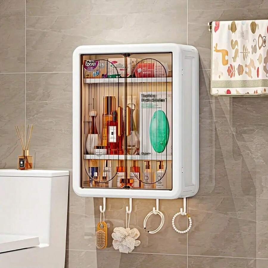 Wall Mounted Bathroom Non-Porous Dustproof Cosmetic Storage Box, Bathroom Wall Mounted Toilet Cabinet, Storage Rack - 白色 - 查看 1