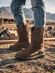 Men's Steel Toe Cowboy Boots: Western Square Toe Leather Work Boots With Hazard Protection For Construction And Farming - 深棕色 - 查看 9