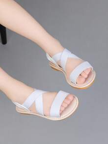 Girls' Sandals, New Summer Roman Sandals, Casual Flat Sandals, Toddler & Little Kid Soft Bottom Elastic Strap Open Toe Beach Shoes - White - View 3