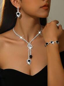 Conjunto de joyería nupcial - Collar de gota de cristal, aretes, pulsera con decoración de borla de cristal, adecuado para vestido de novia, vestido de gala - Multicolor - Ver 15