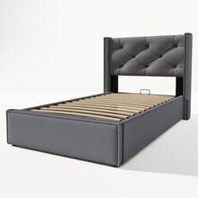 Hydraulic Single Upholstered Bed 90x200cm, Bed With Slatted Base Made Of Metal Frame, Modern Bed Frame With Storage Space, Cotton, Grey (With Mattress) - Grey - View 8