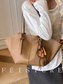 1 pieza Bolso de mano grande de unicolor FEISTURE de PU, bolso de hombro de moda con bolsillo pequeño y colgante, adecuado para salidas diarias, citas, ir al trabajo - Marrón - Ver 2