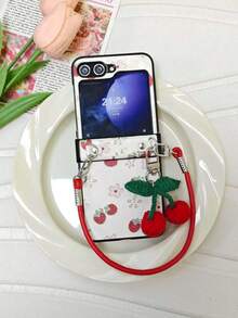 Korean Fresh Strawberry Flower Phone Case, Compatible With Samsung Galaxy ZFlip7, Z Flip6, ZFlip 5, Zflip6, With Cherry Pendant And Genuine Leather Lanyard, Shock-Resistant Back Cover - 白 - 查看 9