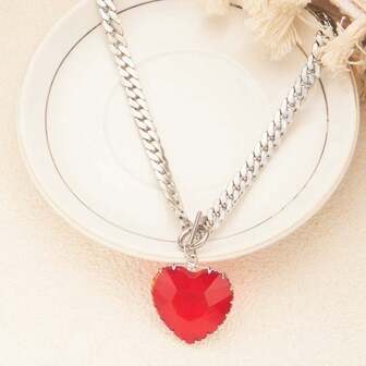 Goth Punk Red Heart Necklace Choker For Women Stainless Steel Silver Color Glass Pendant Clavicle Chain Necklaces Jewelry