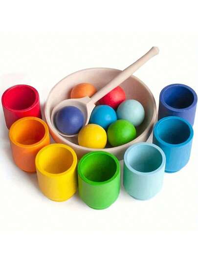 Rainbow Ball Cup Toy, Preschool Wooden Matching Game, Learning Color Sorting And Counting, Fine Motor Early Education Toy, Random Color