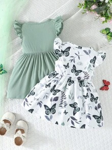 2件套幼儿圆领短袖蝴蝶印花和纯色罗纹简约可爱套装，春夏款