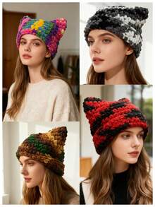 Autumn Winter Retro Striped Knit Knitted Hat Women Thick Warm Patch Beanie Casual Brimless Cap Unisex Outdoor Cold-Proof Elastic Loose Hat