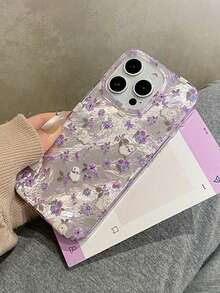 花朵碎花兔子设计手机壳适用于 16 Pro Max、 14、 15、 15 Pro、带弹簧的 16、锡纸纹理、硅胶、创意防震外壳、防水防摔防刮 - 紫色 - 查看 2