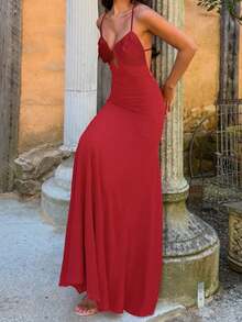 Rochie de vară WOWDARK, rochie elegantă de petrecere cu decolteu în V, decor metalic, spate fără bretele, potrivită pentru Ziua Îndrăgostiților, întâlniri, petreceri, călătorii, vacanțe, plajă și alte ocazii - roșu - Vizualizare 2