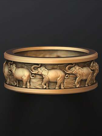 1 pieza Anillo de diseño único en oro. El Body del anillo es completamente circular, la superficie está tallada con múltiples patrones de elefantes en relieve. Los elefantes tienen diversas posturas, algunos enrollando sus trompas, otros caminando, dispuestos de manera ordenada y dinámica, como si emprendieran una migración ordenada. El estilo general es firme y majestuoso, mostrando una exquisita artesanía de talla, y también contiene implicaciones auspiciosas, adecuado como un accesorio significativo para usar.