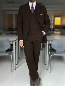 Mens Wool Suits Coffee 3 Pieces Herringbone Tweed Suit Vintage Retro Slim Fit Smart Formal Classic Tuxedos Business Commuting - Cà phê nâu - Xem 3
