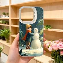 Cubierta de telefono con diseño de invierno azul oscuro con niño haciendo muñeco de nieve y texto CASENO para uso diario en temporada fría Aplicable a los teléfonos de la serie Apple y Galaxy - Blanco - Ver 5