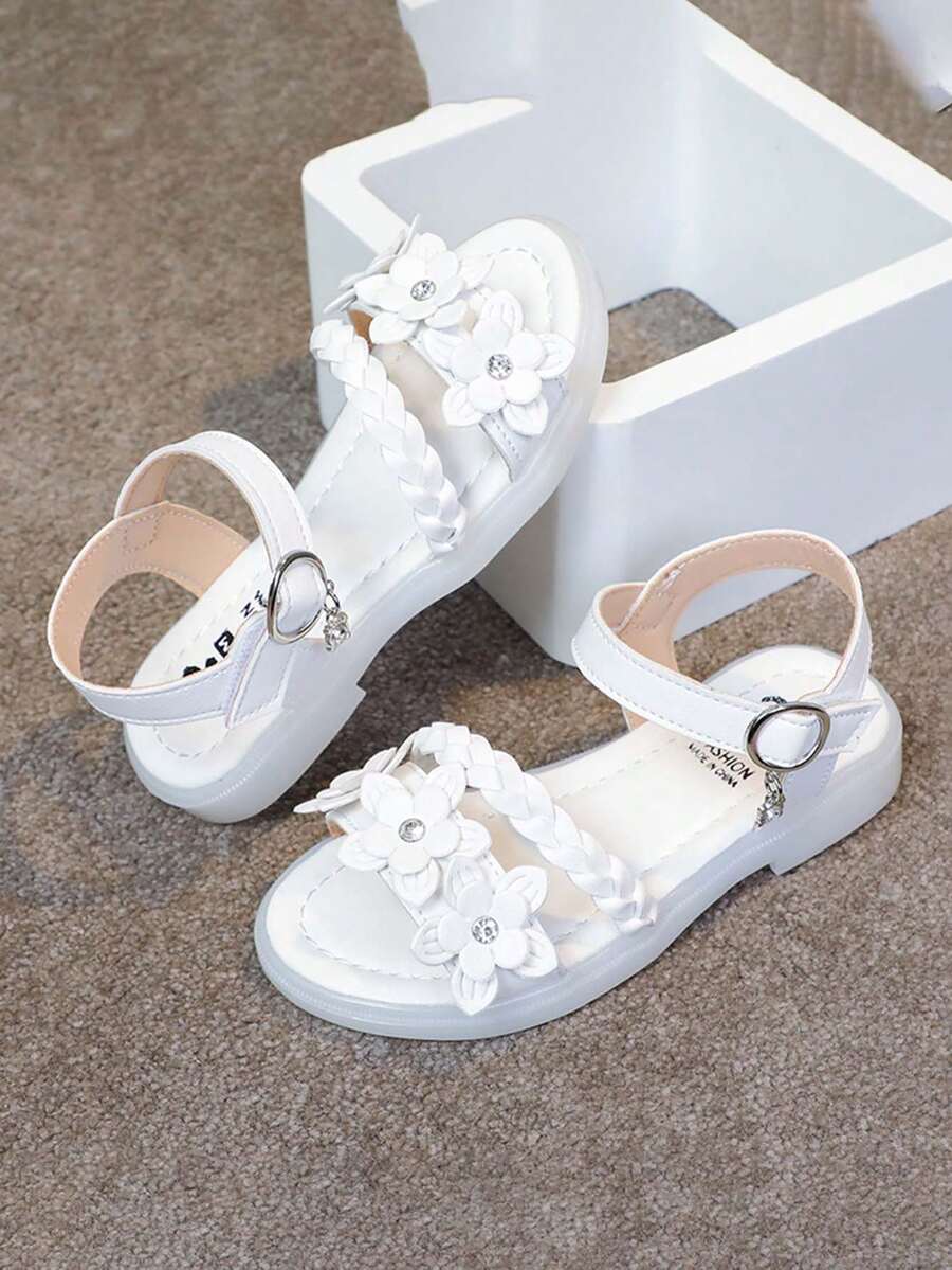 1双女童碎花装饰平底凉鞋,软底防滑露趾儿童夏季凉鞋 - 白色 - 查看 1